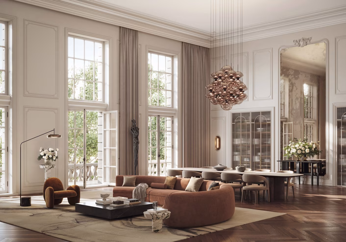 Modern Living Room Design with Open Dining Area - Digitally Generated